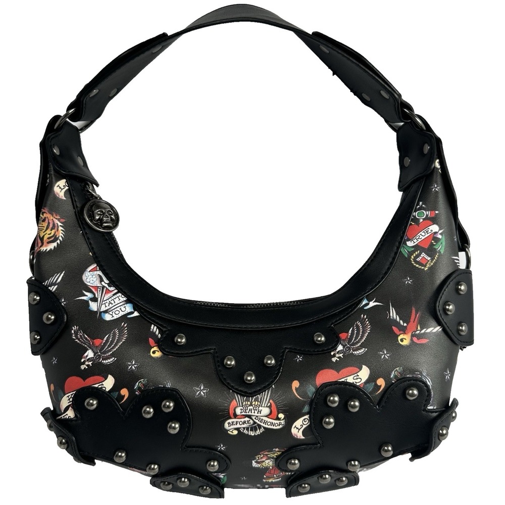 Ed Hardy Black Tattoo Shoulder Bag Studded Tiger Heart Y2K Purse New